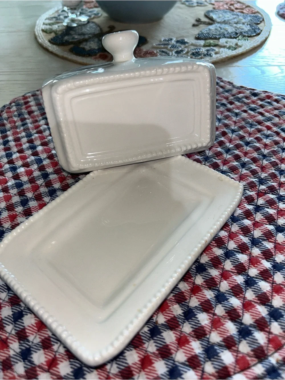 White Ceramic Butter Dish with Lid and Decorative Plaque